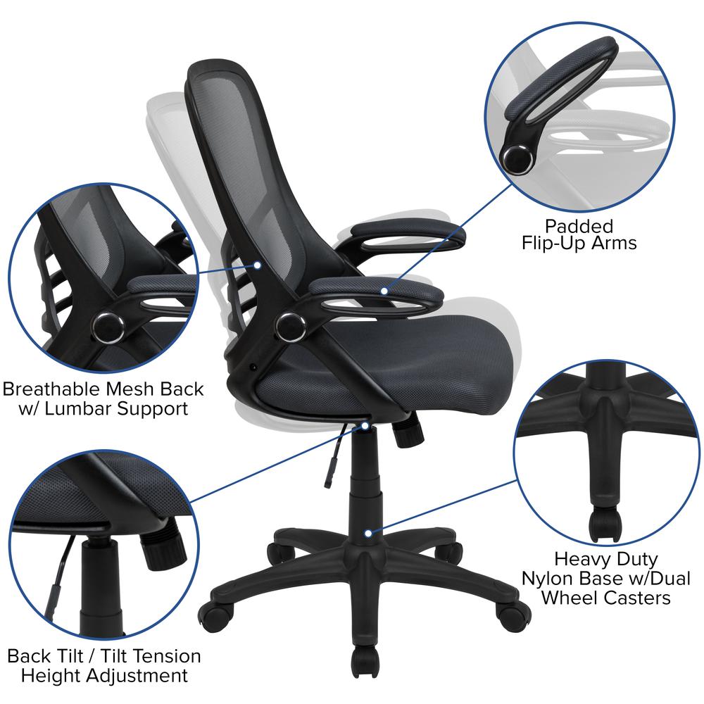 High Back Dark Gray Mesh Ergonomic Swivel Office Chair with Black Frame and Flip-up Arms. Picture 6