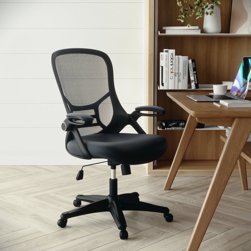 High Back Dark Gray Mesh Swivel Office Chair with Black Frame and Flip-up Arms. Picture 2