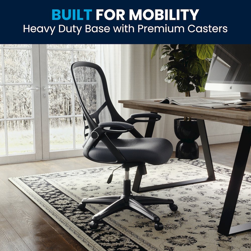 High Back Dark Gray Mesh Swivel Office Chair with Black Frame and Flip-up Arms. Picture 13