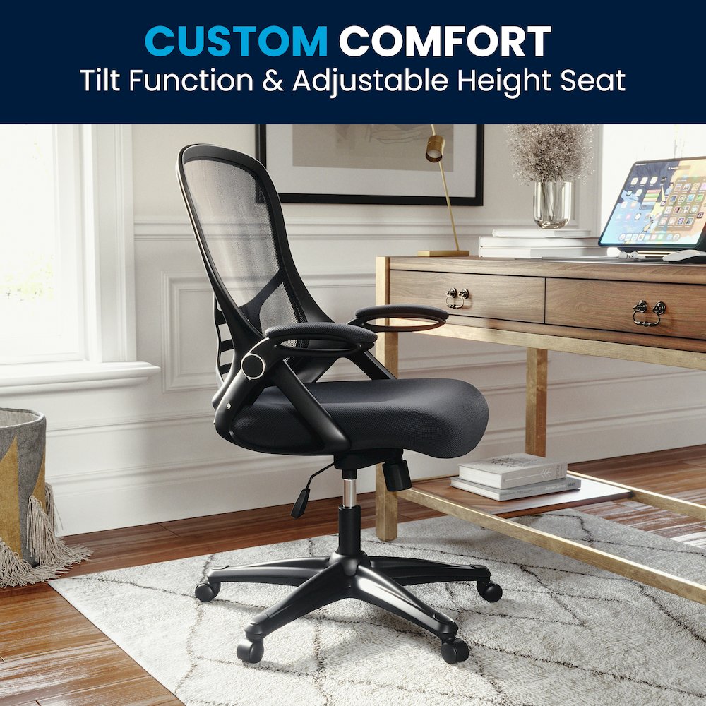 High Back Dark Gray Mesh Swivel Office Chair with Black Frame and Flip-up Arms. Picture 14