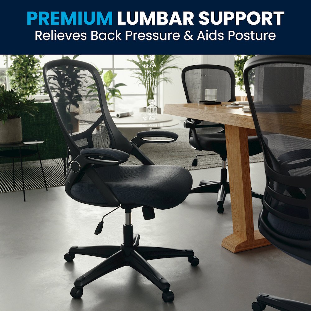 High Back Dark Gray Mesh Swivel Office Chair with Black Frame and Flip-up Arms. Picture 15