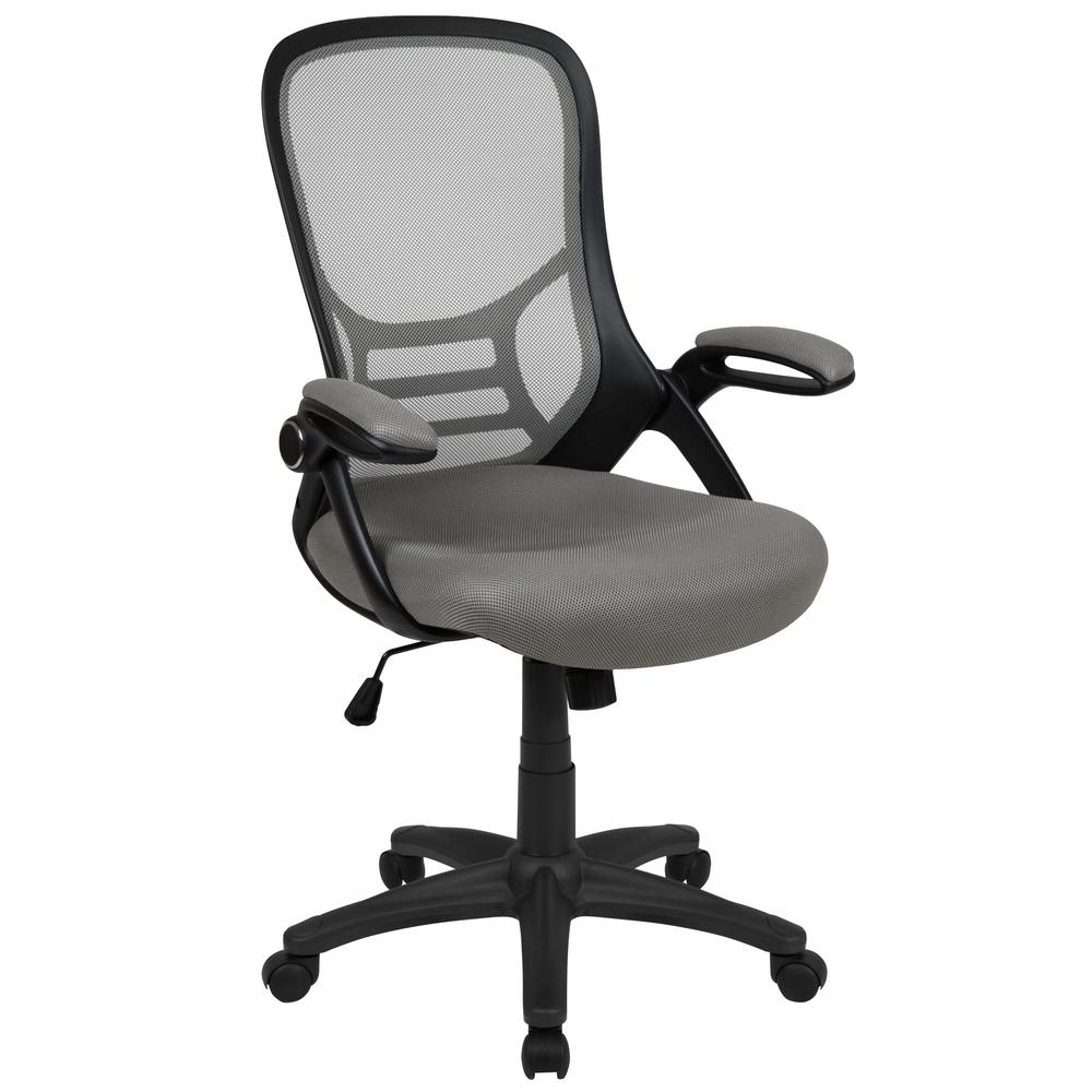 High Back Light Gray Mesh Swivel Office Chair with Black Frame and Flip-up Arms. Picture 1