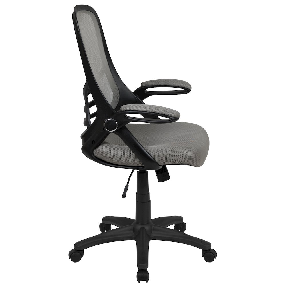 High Back Light Gray Mesh Swivel Office Chair with Black Frame and Flip-up Arms. Picture 10