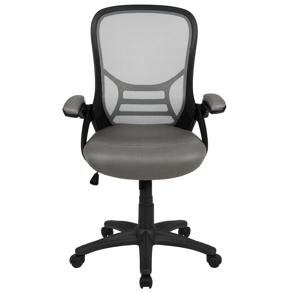 High Back Light Gray Mesh Swivel Office Chair with Black Frame and Flip-up Arms. Picture 11