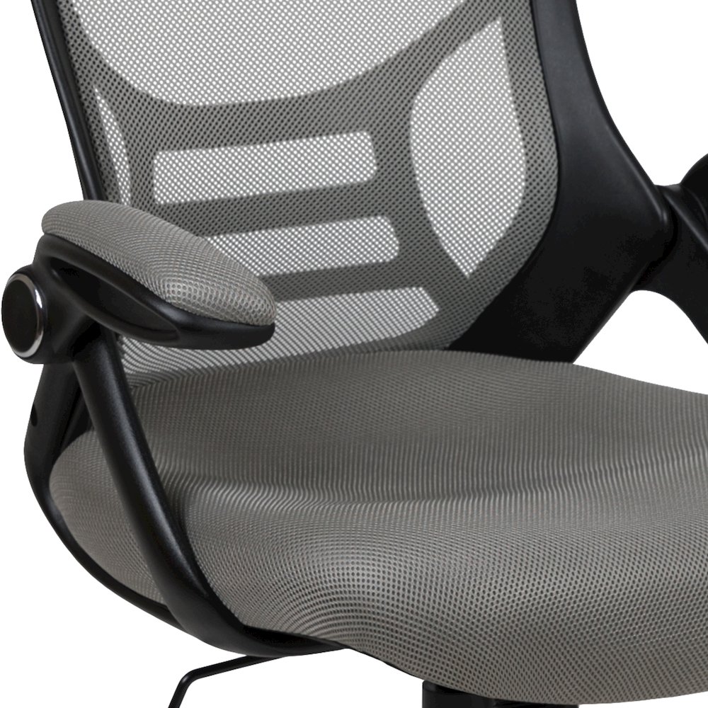 High Back Light Gray Mesh Swivel Office Chair with Black Frame and Flip-up Arms. Picture 9