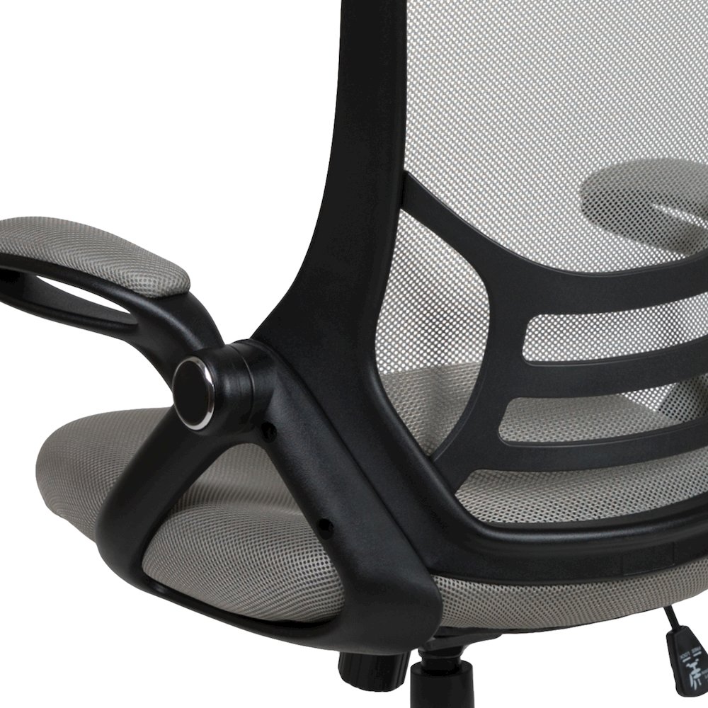 High Back Light Gray Mesh Swivel Office Chair with Black Frame and Flip-up Arms. Picture 14