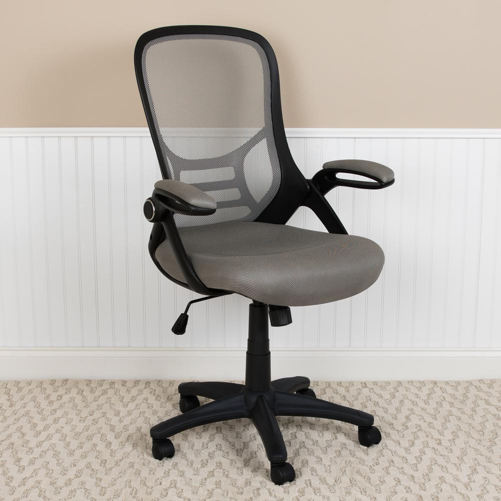 High Back Light Gray Mesh Swivel Office Chair with Black Frame and Flip-up Arms. Picture 3