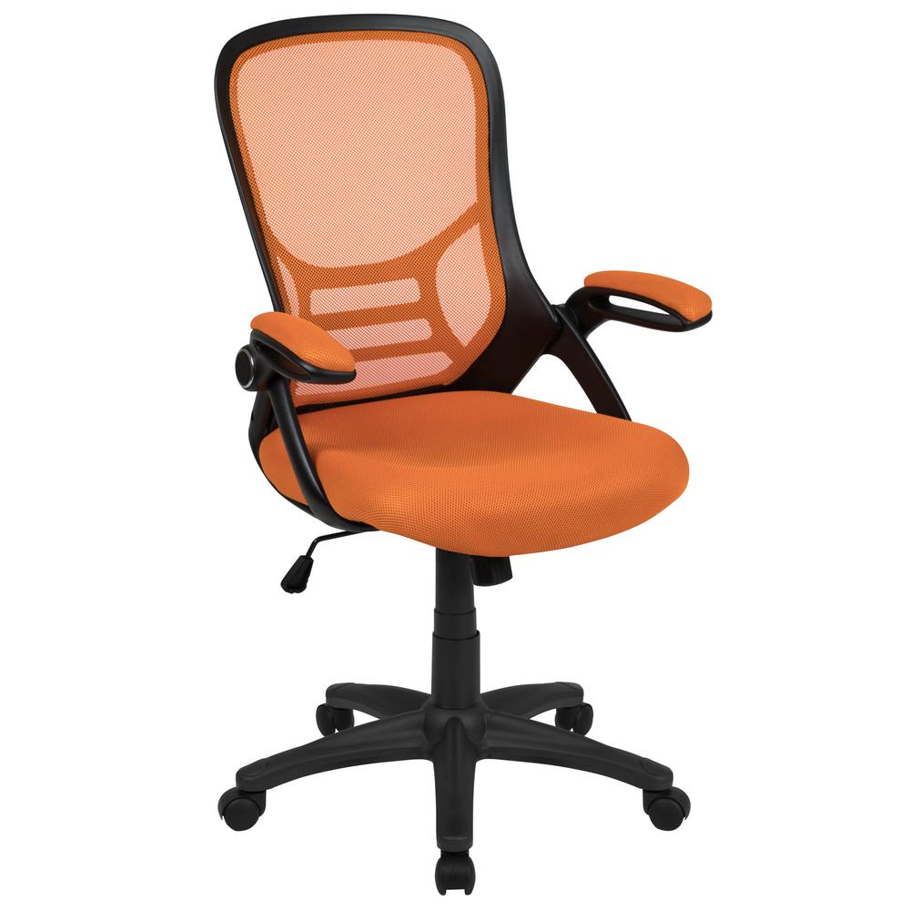 High Back Orange Mesh Swivel Office Chair with Black Frame and Flip-up Arms. Picture 1