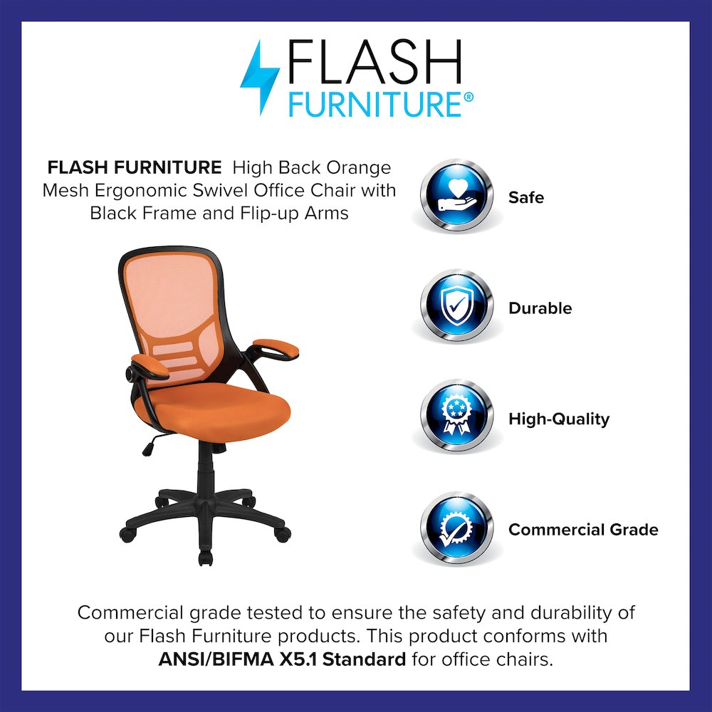 High Back Orange Mesh Swivel Office Chair with Black Frame and Flip-up Arms. Picture 4