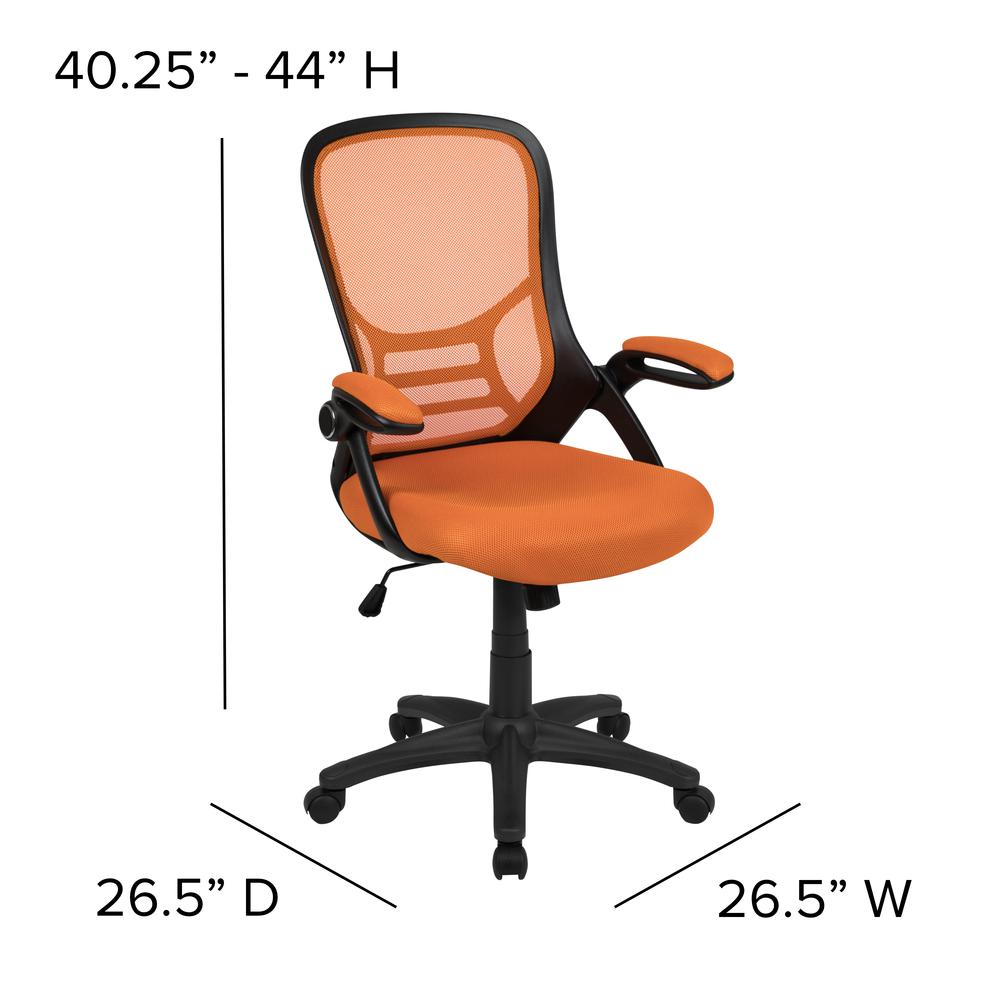 High Back Orange Mesh Swivel Office Chair with Black Frame and Flip-up Arms. Picture 4