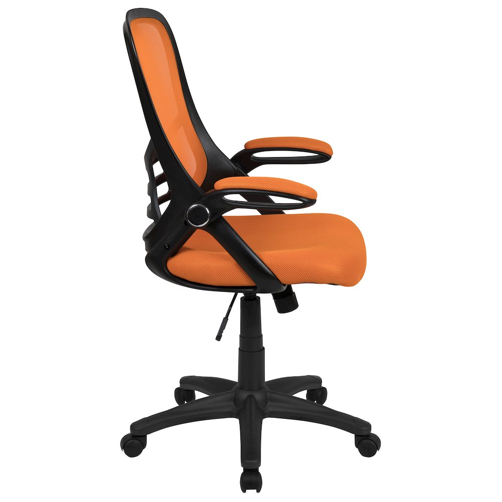 High Back Orange Mesh Swivel Office Chair with Black Frame and Flip-up Arms. Picture 10