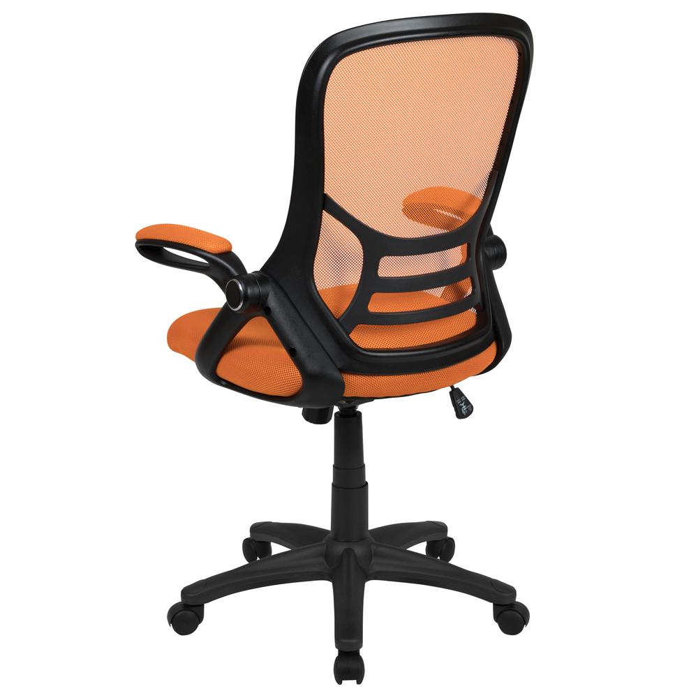 High Back Orange Mesh Swivel Office Chair with Black Frame and Flip-up Arms. Picture 5