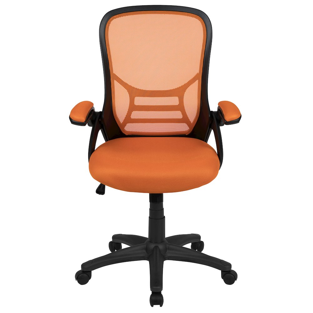 High Back Orange Mesh Swivel Office Chair with Black Frame and Flip-up Arms. Picture 11