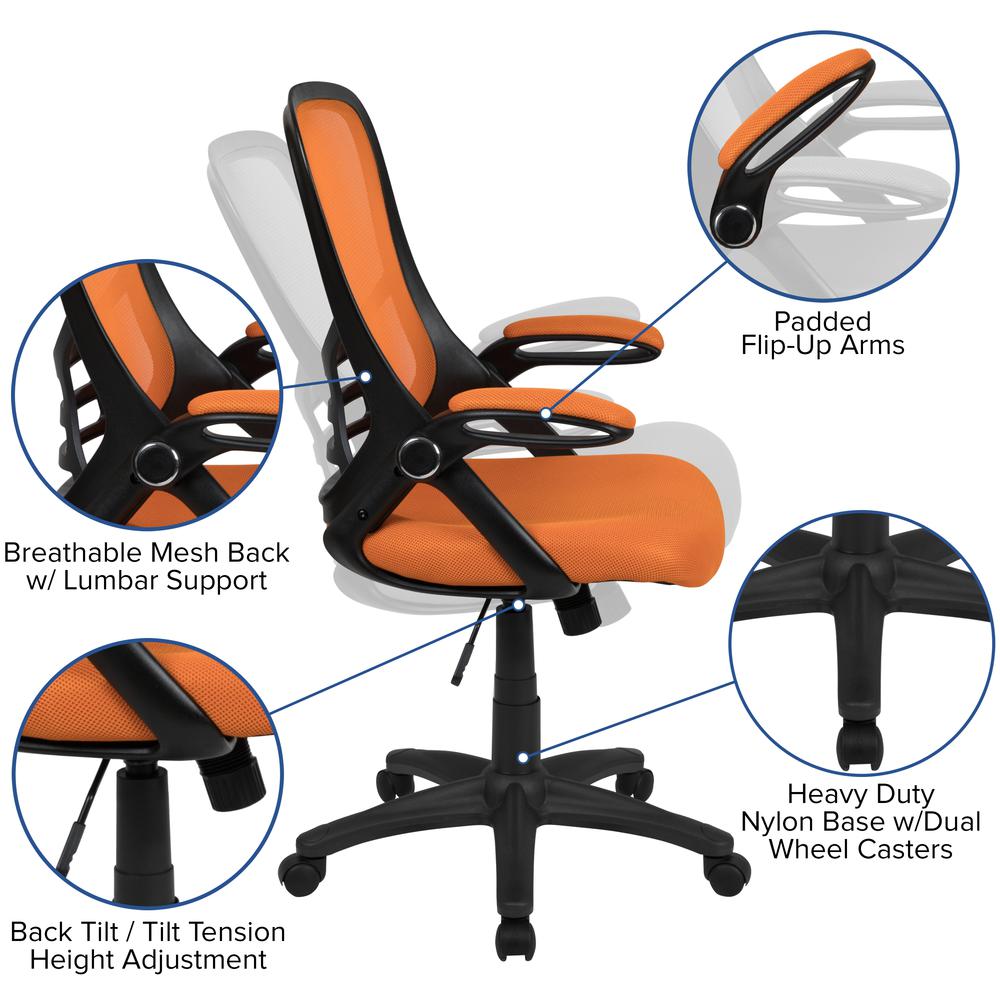 High Back Orange Mesh Swivel Office Chair with Black Frame and Flip-up Arms. Picture 2