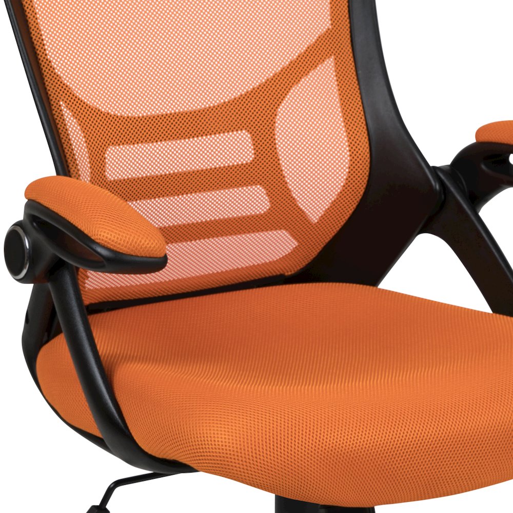 High Back Orange Mesh Swivel Office Chair with Black Frame and Flip-up Arms. Picture 9