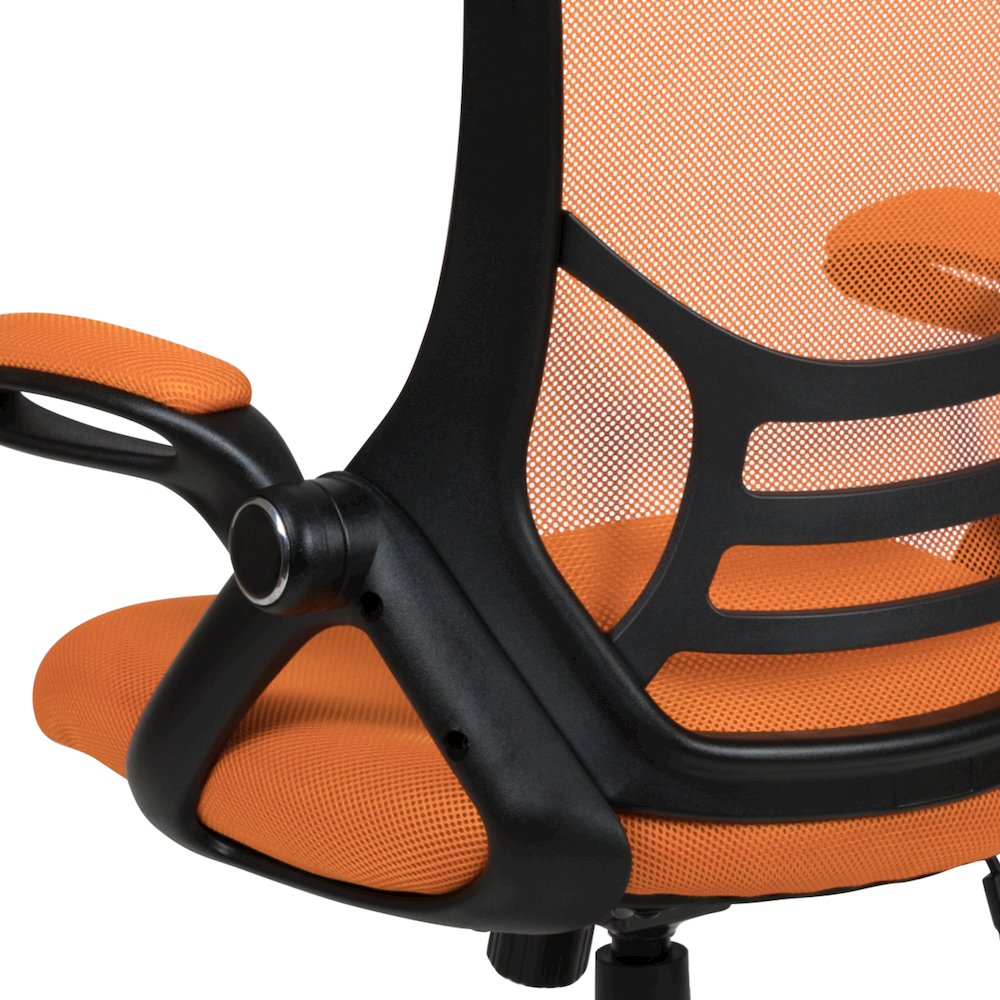 High Back Orange Mesh Swivel Office Chair with Black Frame and Flip-up Arms. Picture 14