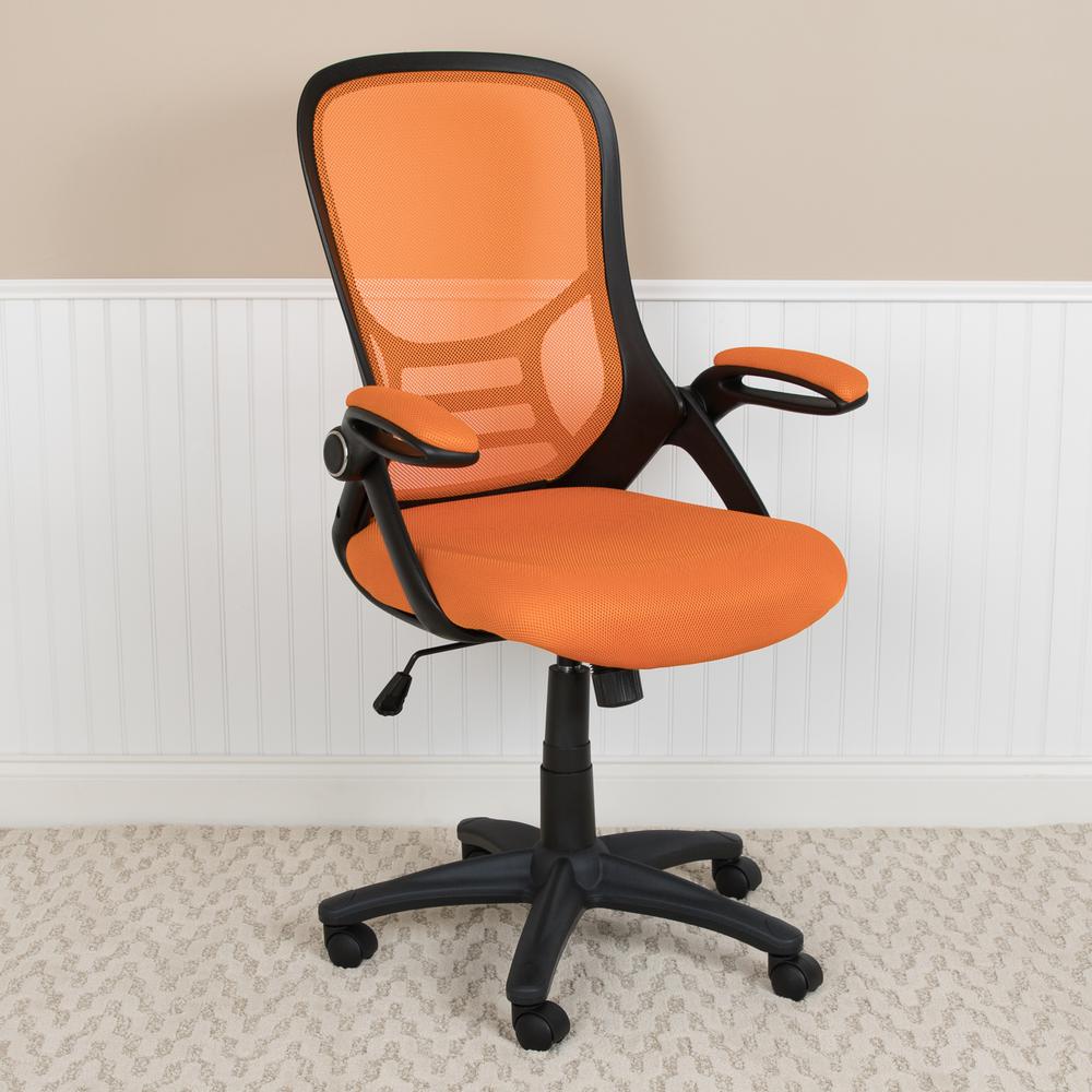 High Back Orange Mesh Swivel Office Chair with Black Frame and Flip-up Arms. Picture 3