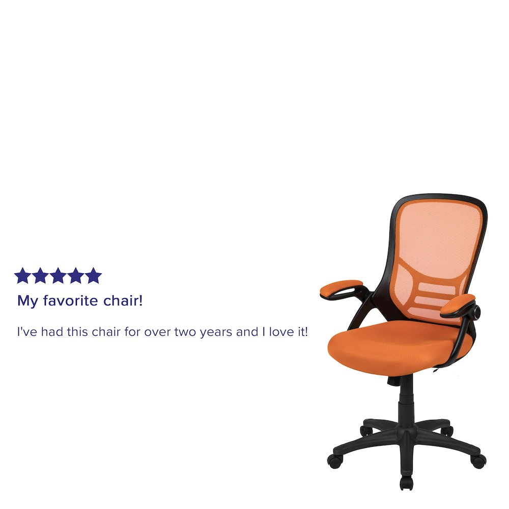 High Back Orange Mesh Swivel Office Chair with Black Frame and Flip-up Arms. Picture 5