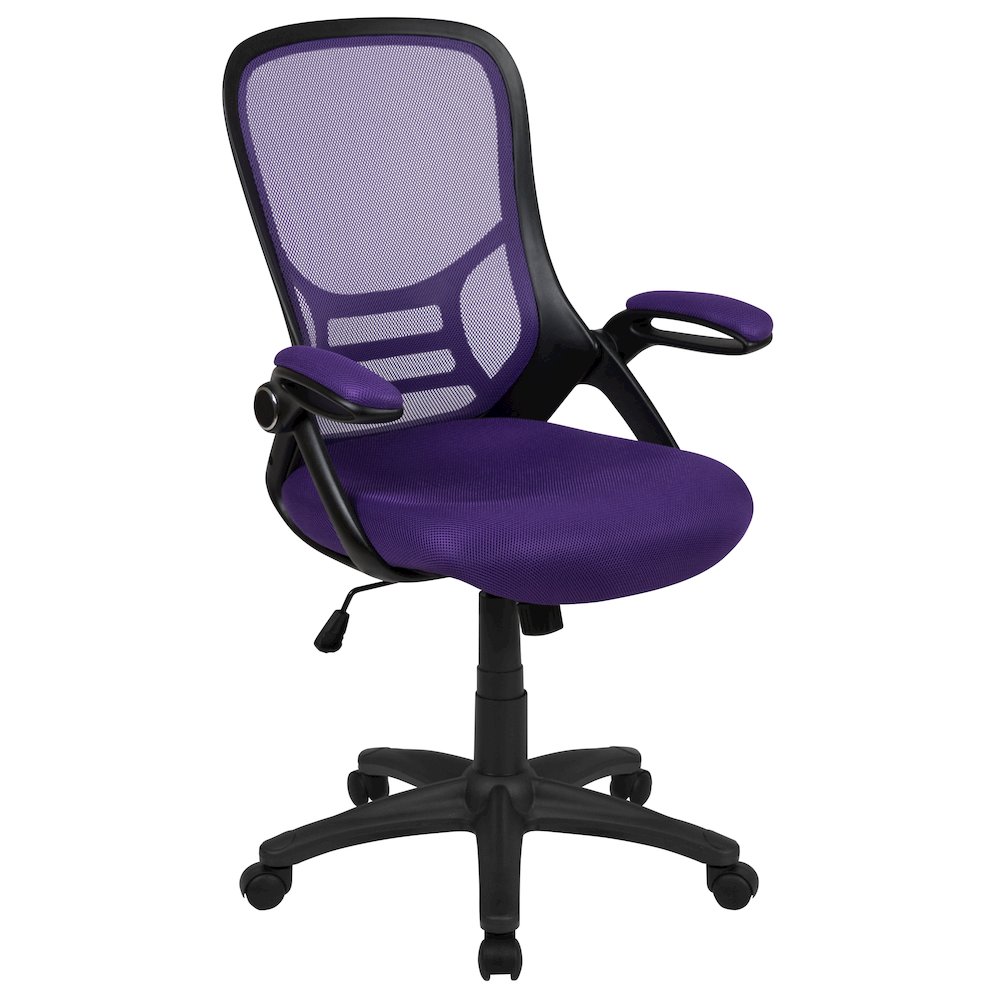High Back Purple Mesh Swivel Office Chair with Black Frame and Flip-up Arms. Picture 1