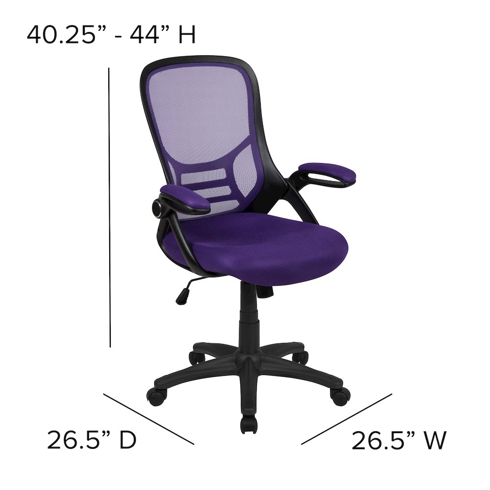 High Back Purple Mesh Swivel Office Chair with Black Frame and Flip-up Arms. Picture 7