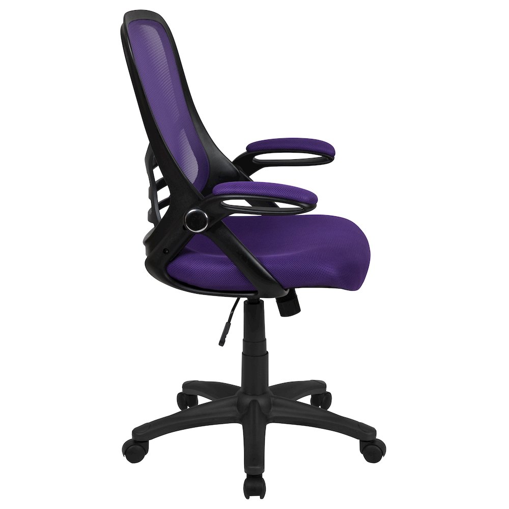 High Back Purple Mesh Swivel Office Chair with Black Frame and Flip-up Arms. Picture 10