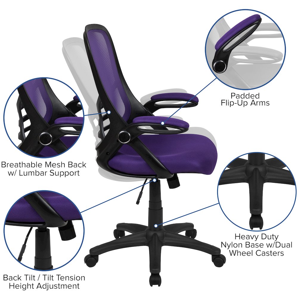 High Back Purple Mesh Swivel Office Chair with Black Frame and Flip-up Arms. Picture 6
