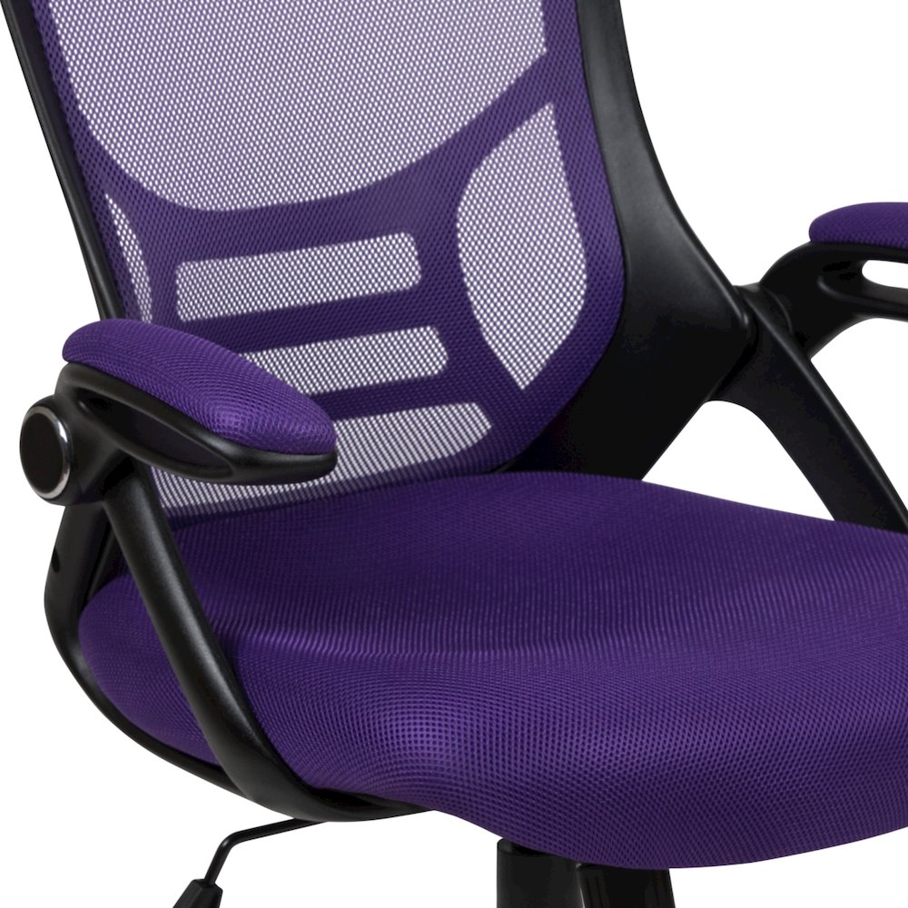 High Back Purple Mesh Swivel Office Chair with Black Frame and Flip-up Arms. Picture 9