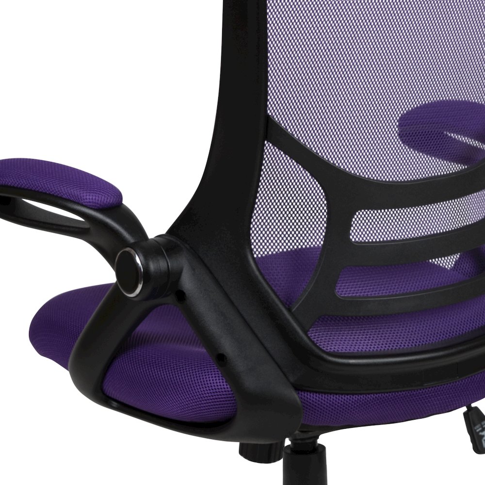 High Back Purple Mesh Swivel Office Chair with Black Frame and Flip-up Arms. Picture 14