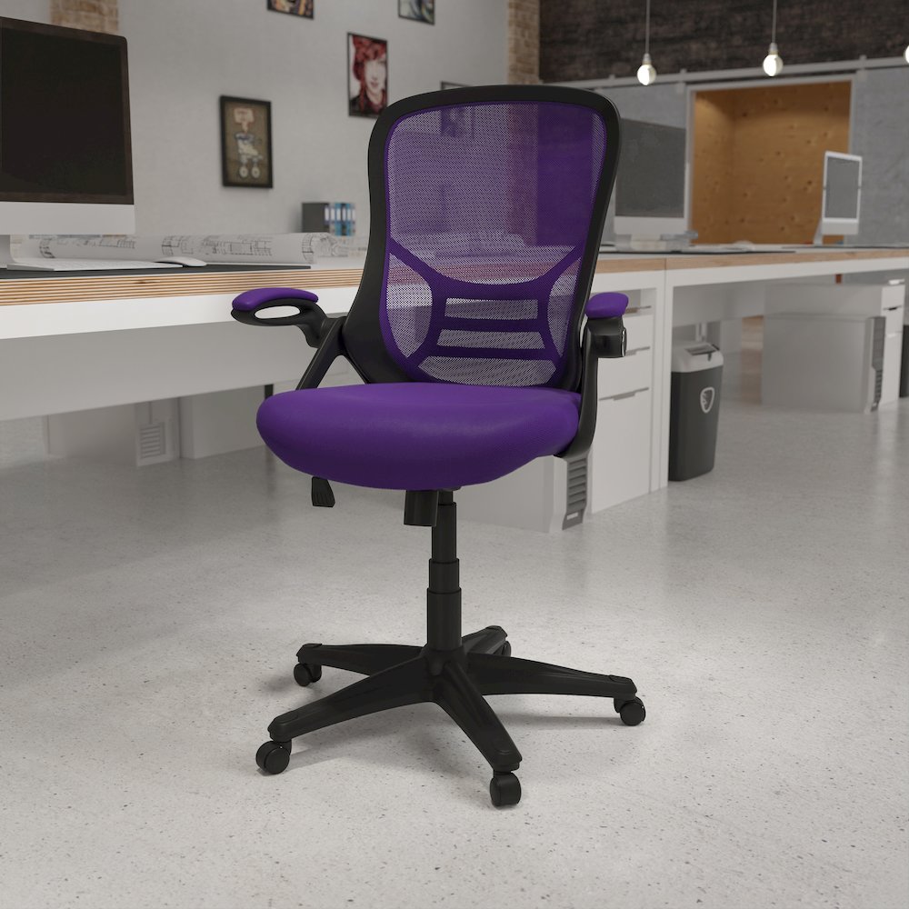 High Back Purple Mesh Swivel Office Chair with Black Frame and Flip-up Arms. Picture 2