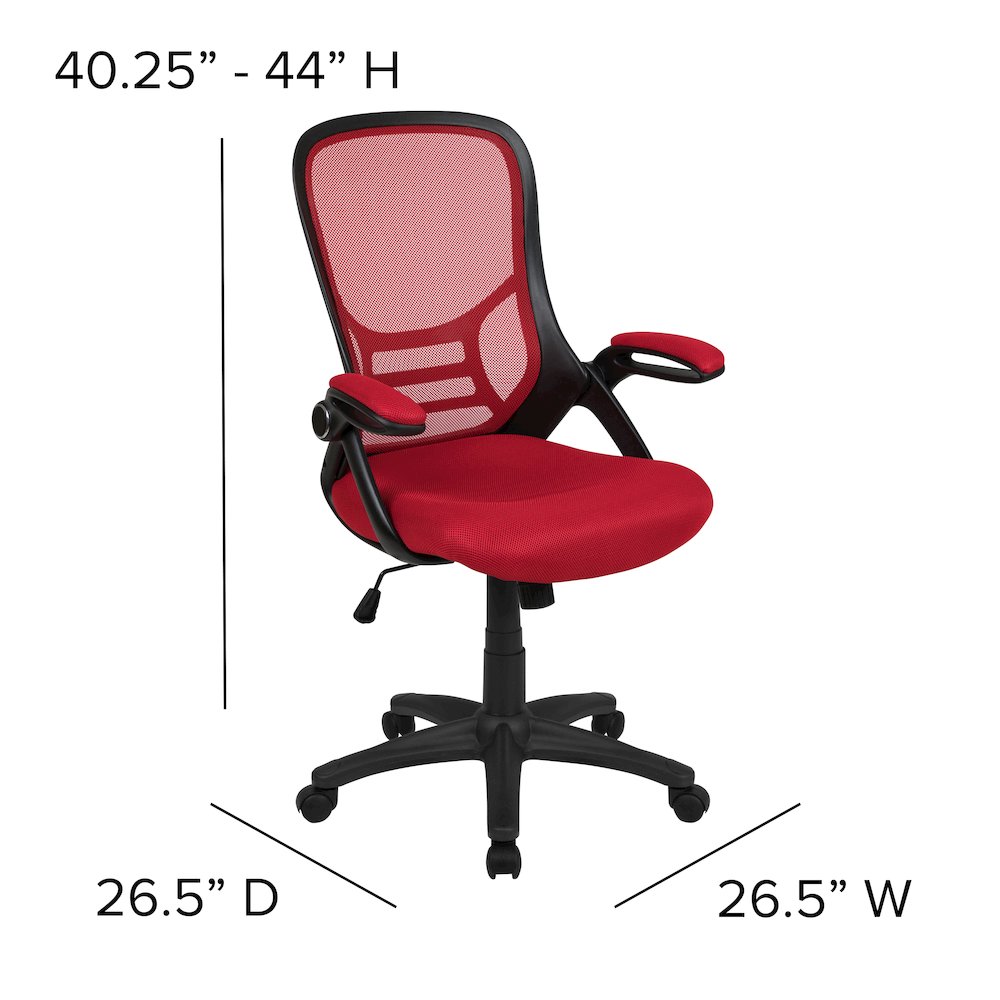 High Back Red Mesh Swivel Office Chair with Black Frame and Flip-up Arms. Picture 7