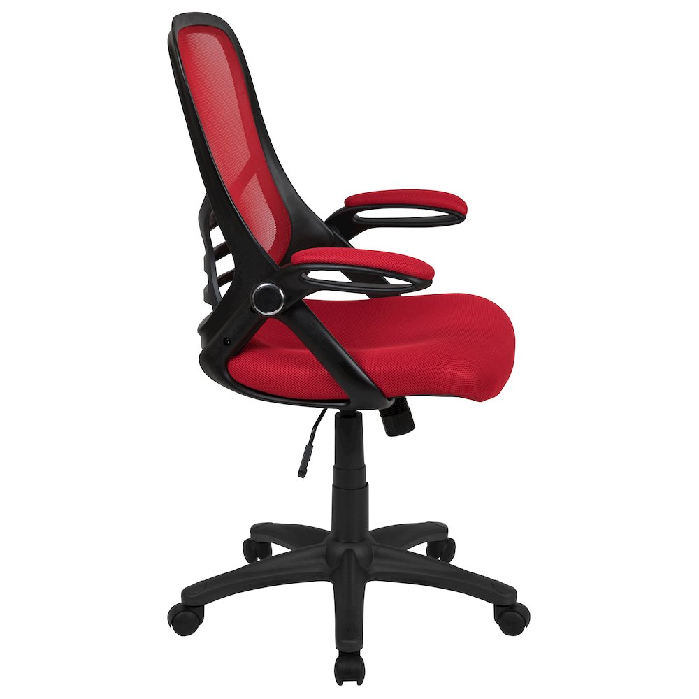 High Back Red Mesh Swivel Office Chair with Black Frame and Flip-up Arms. Picture 10
