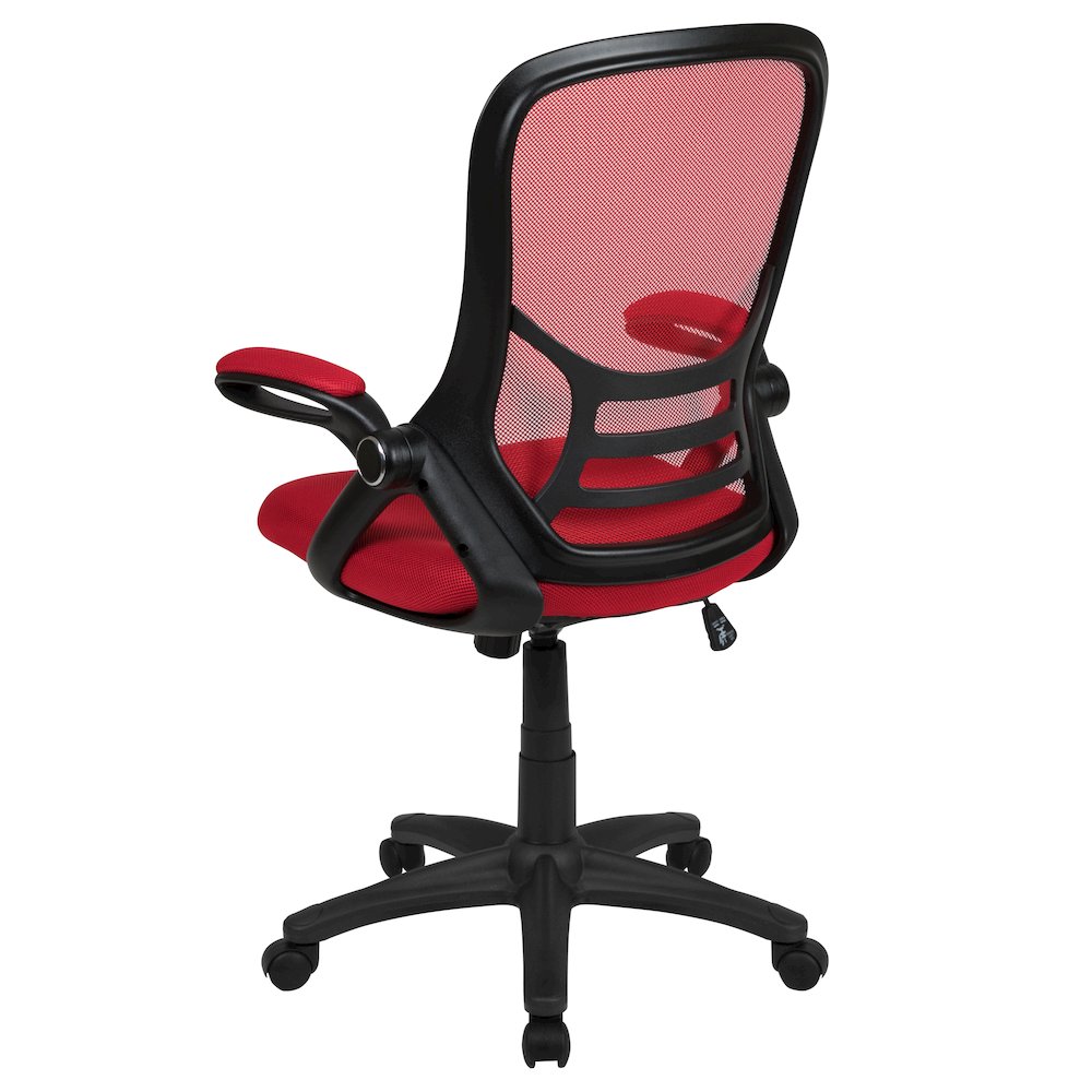 High Back Red Mesh Swivel Office Chair with Black Frame and Flip-up Arms. Picture 8