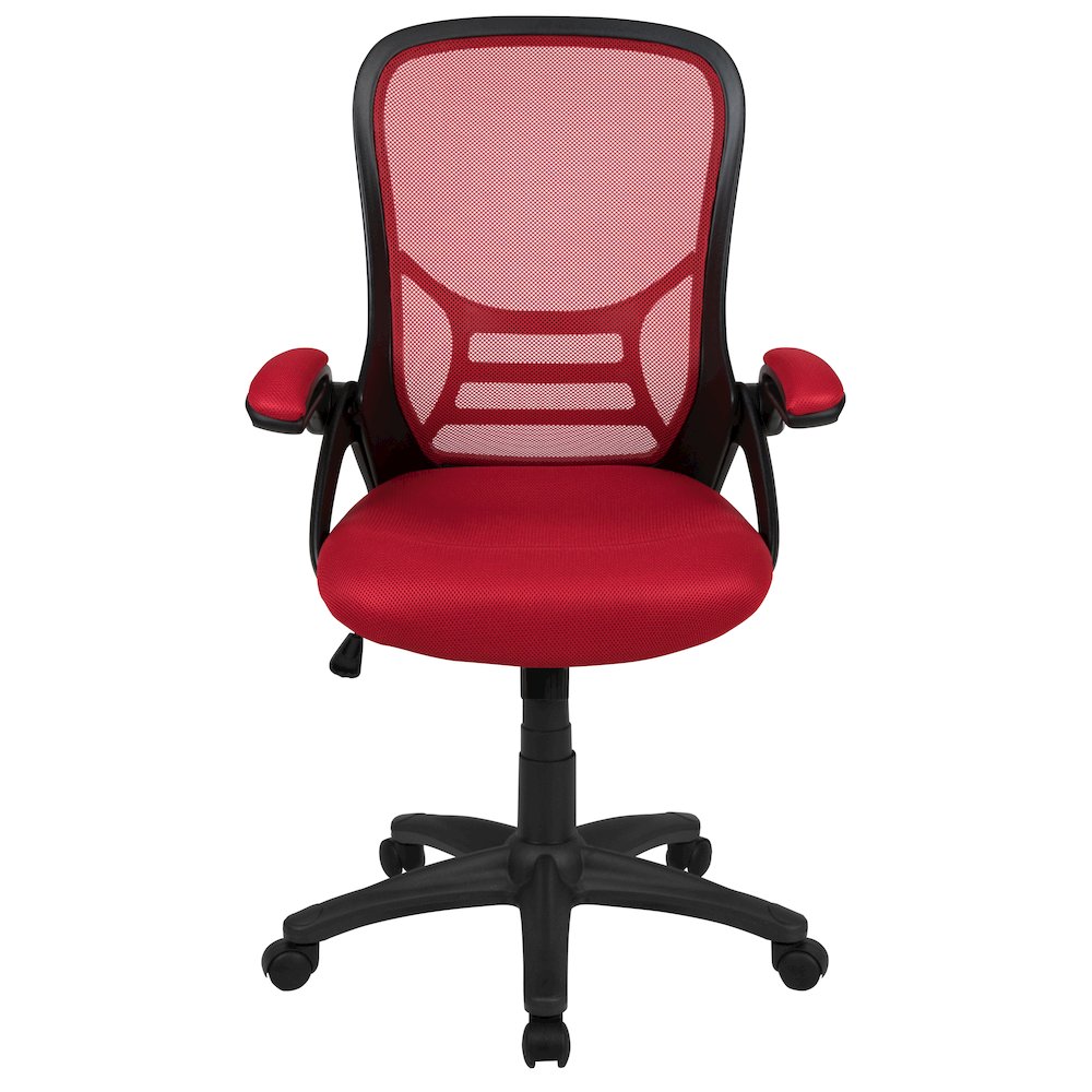 High Back Red Mesh Swivel Office Chair with Black Frame and Flip-up Arms. Picture 11