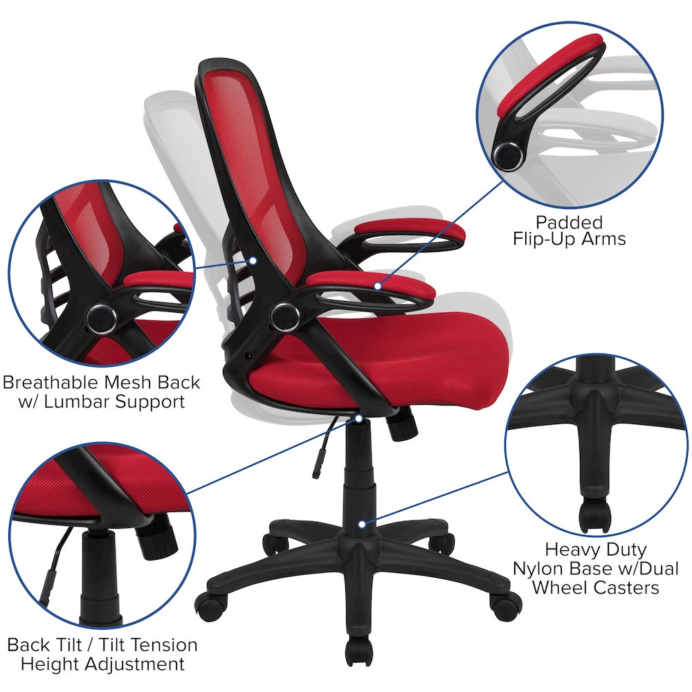High Back Red Mesh Swivel Office Chair with Black Frame and Flip-up Arms. Picture 6