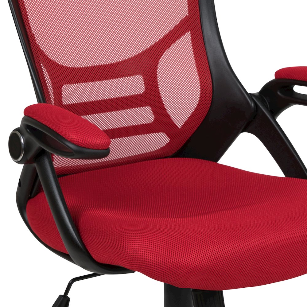 High Back Red Mesh Swivel Office Chair with Black Frame and Flip-up Arms. Picture 9