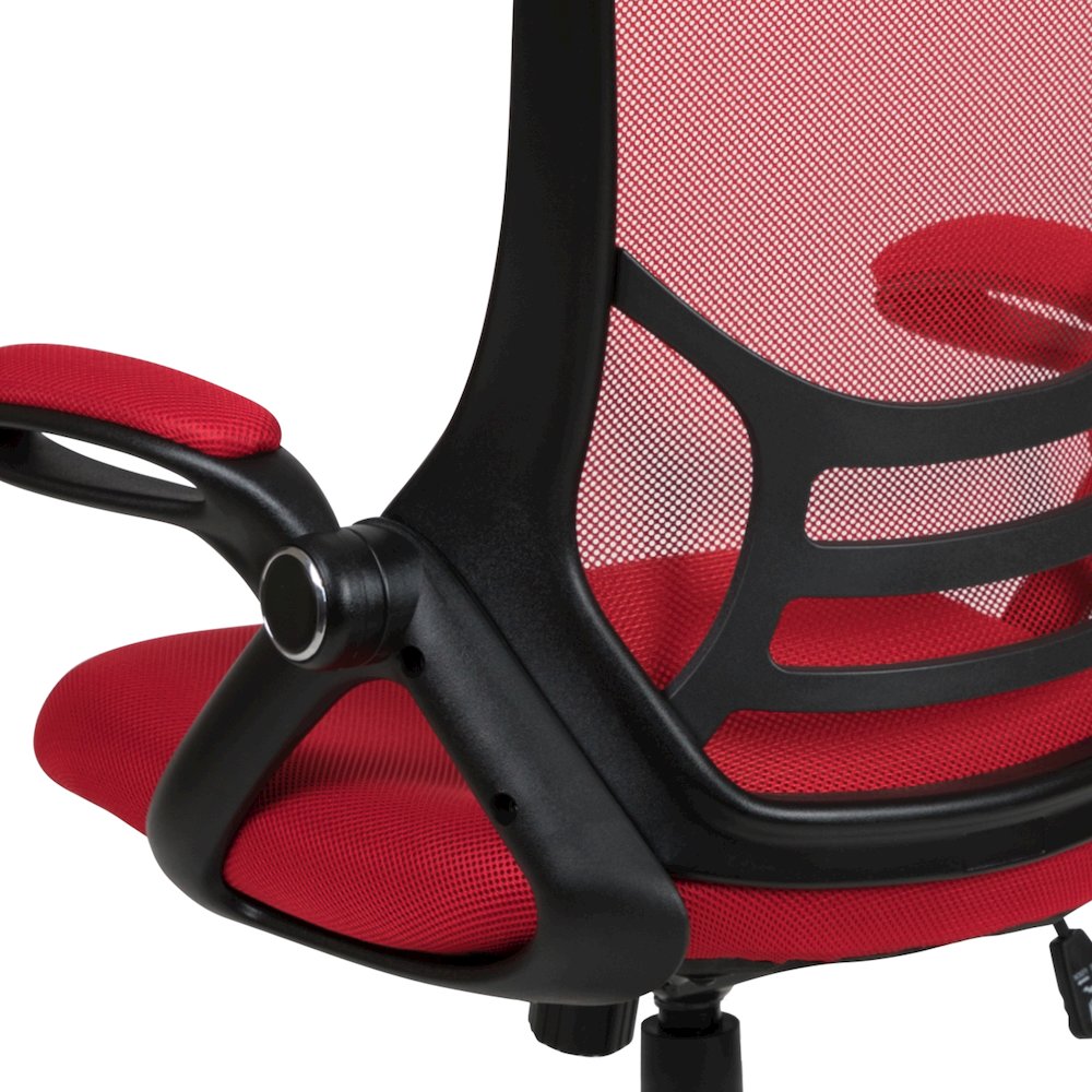 High Back Red Mesh Swivel Office Chair with Black Frame and Flip-up Arms. Picture 14