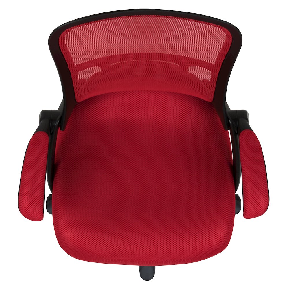 High Back Red Mesh Swivel Office Chair with Black Frame and Flip-up Arms. Picture 12