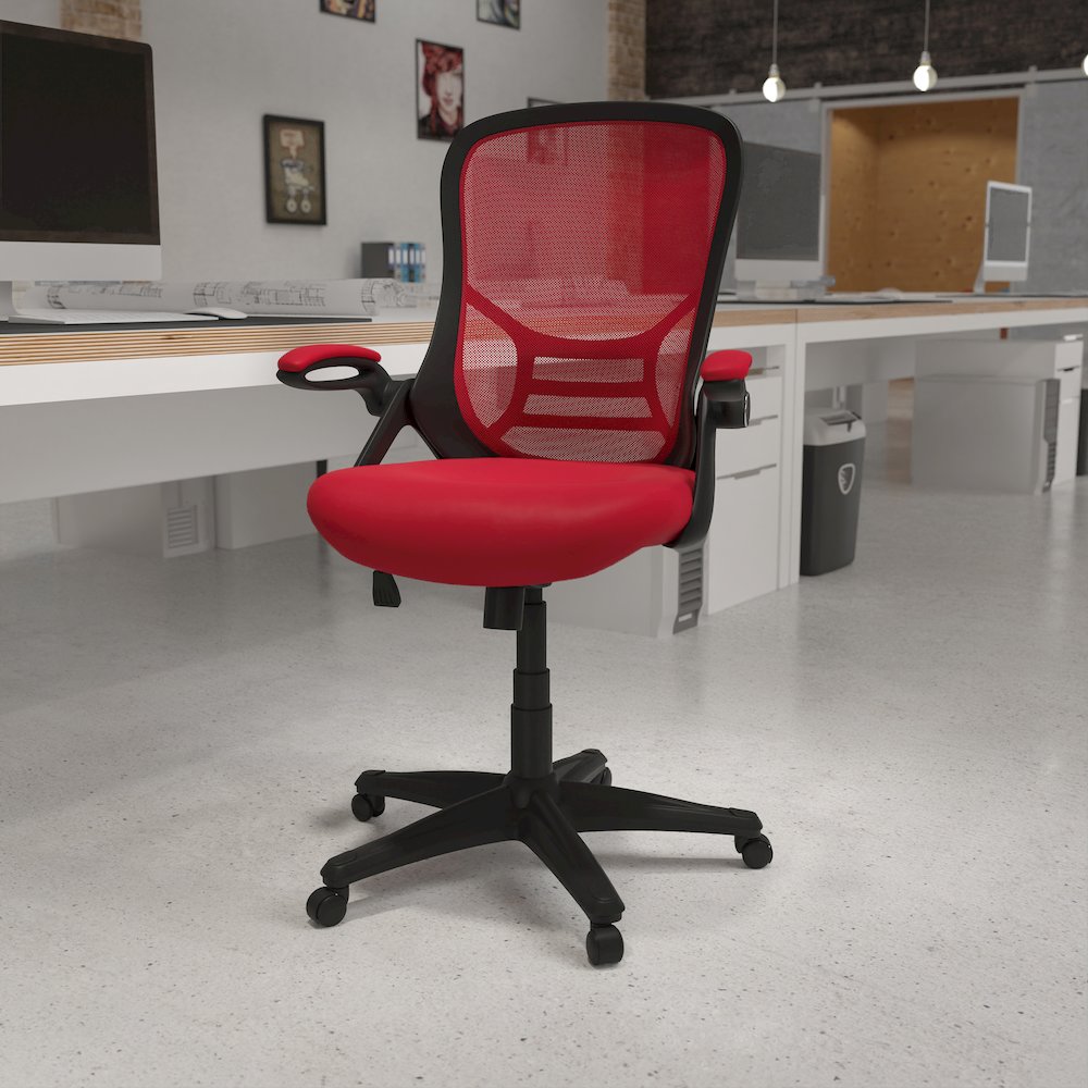 High Back Red Mesh Swivel Office Chair with Black Frame and Flip-up Arms. Picture 2