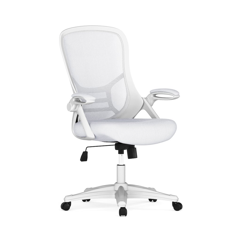 High Back White Mesh Ergonomic Swivel Office Chair with White Frame and Flip-up Arms. Picture 1