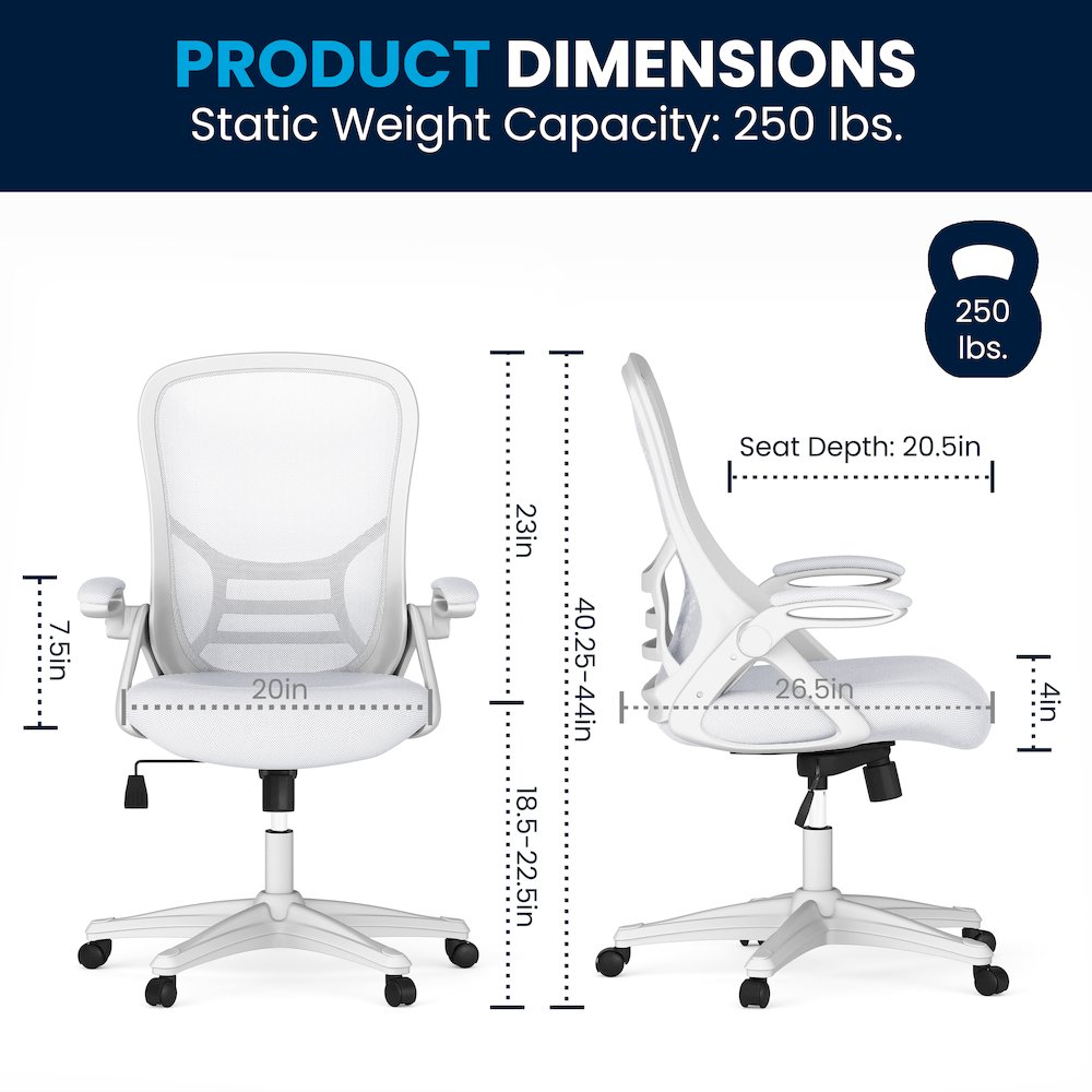 High Back White Mesh Ergonomic Swivel Office Chair with White Frame and Flip-up Arms. Picture 2