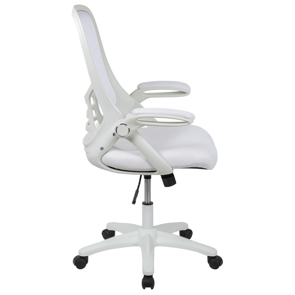 High Back White Mesh Ergonomic Swivel Office Chair with White Frame and Flip-up Arms. Picture 3