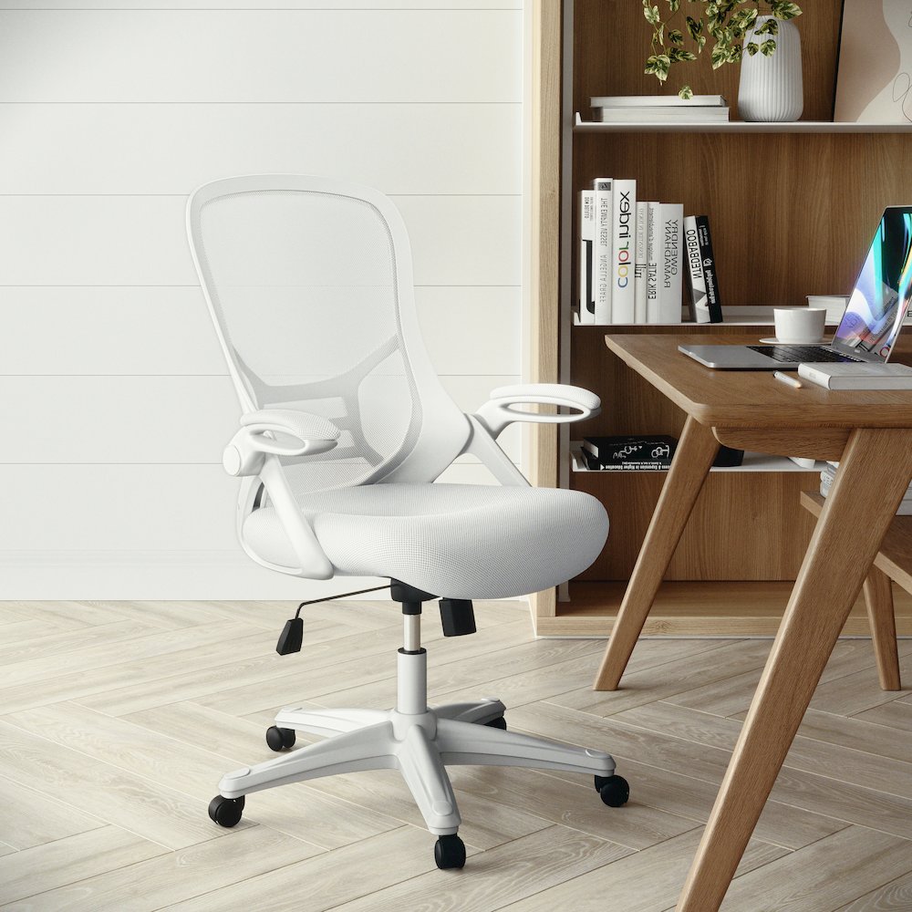 High Back White Mesh Ergonomic Swivel Office Chair with White Frame and Flip-up Arms. Picture 11