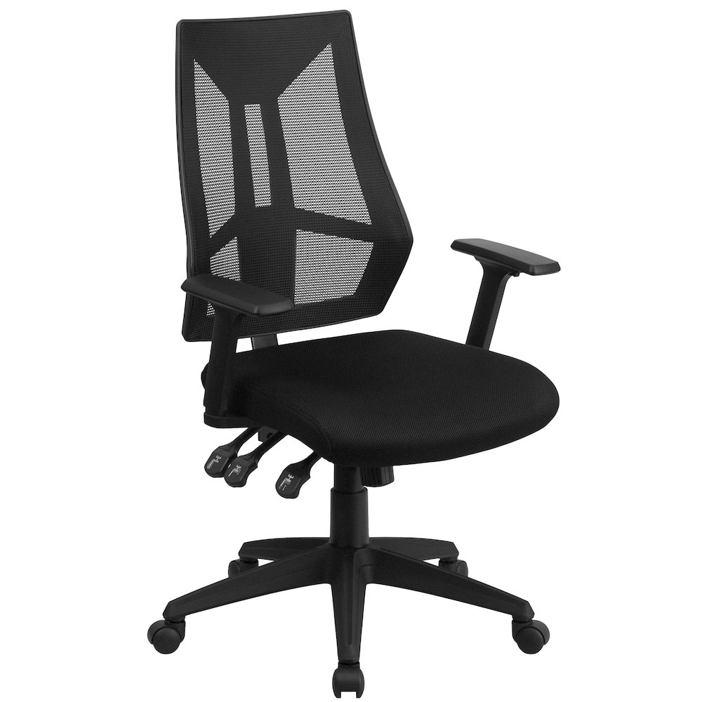High Back Black Mesh Multifunction Swivel Task Office Chair with Adjustable Arms. Picture 1