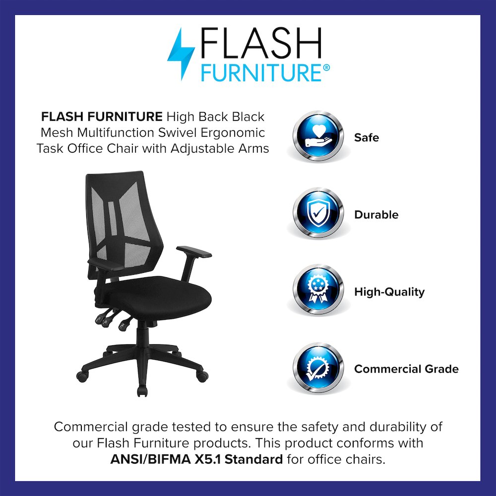 High Back Black Mesh Multifunction Swivel Task Office Chair with Adjustable Arms. Picture 4