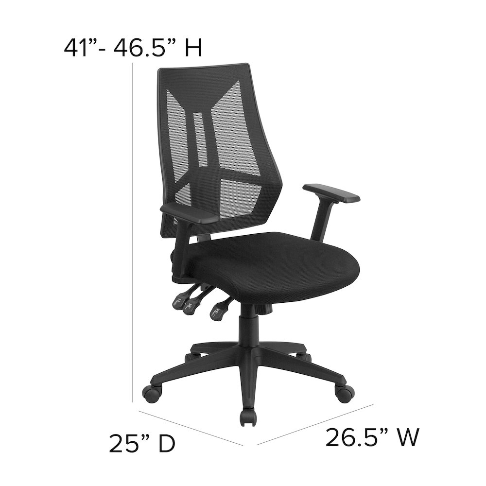 High Back Black Mesh Multifunction Swivel Task Office Chair with Adjustable Arms. Picture 6