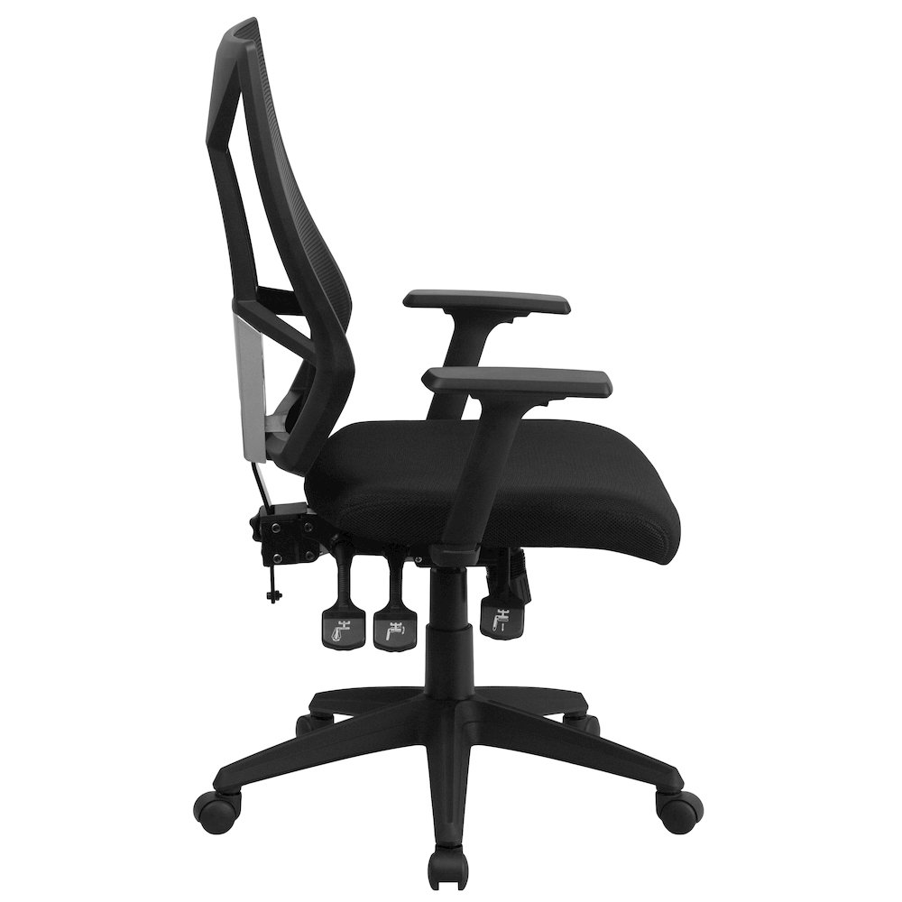 High Back Black Mesh Multifunction Swivel Task Office Chair with Adjustable Arms. Picture 9