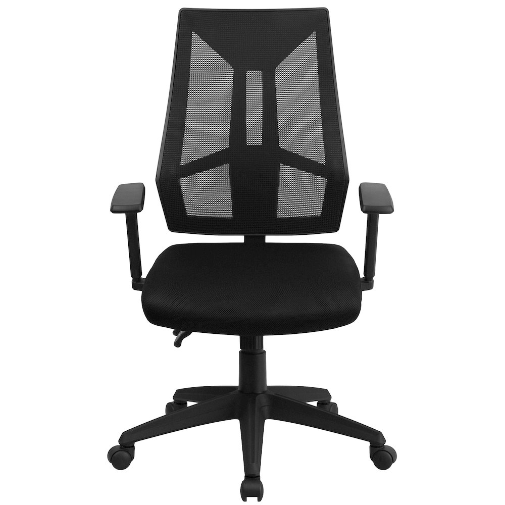 High Back Black Mesh Multifunction Swivel Task Office Chair with Adjustable Arms. Picture 10