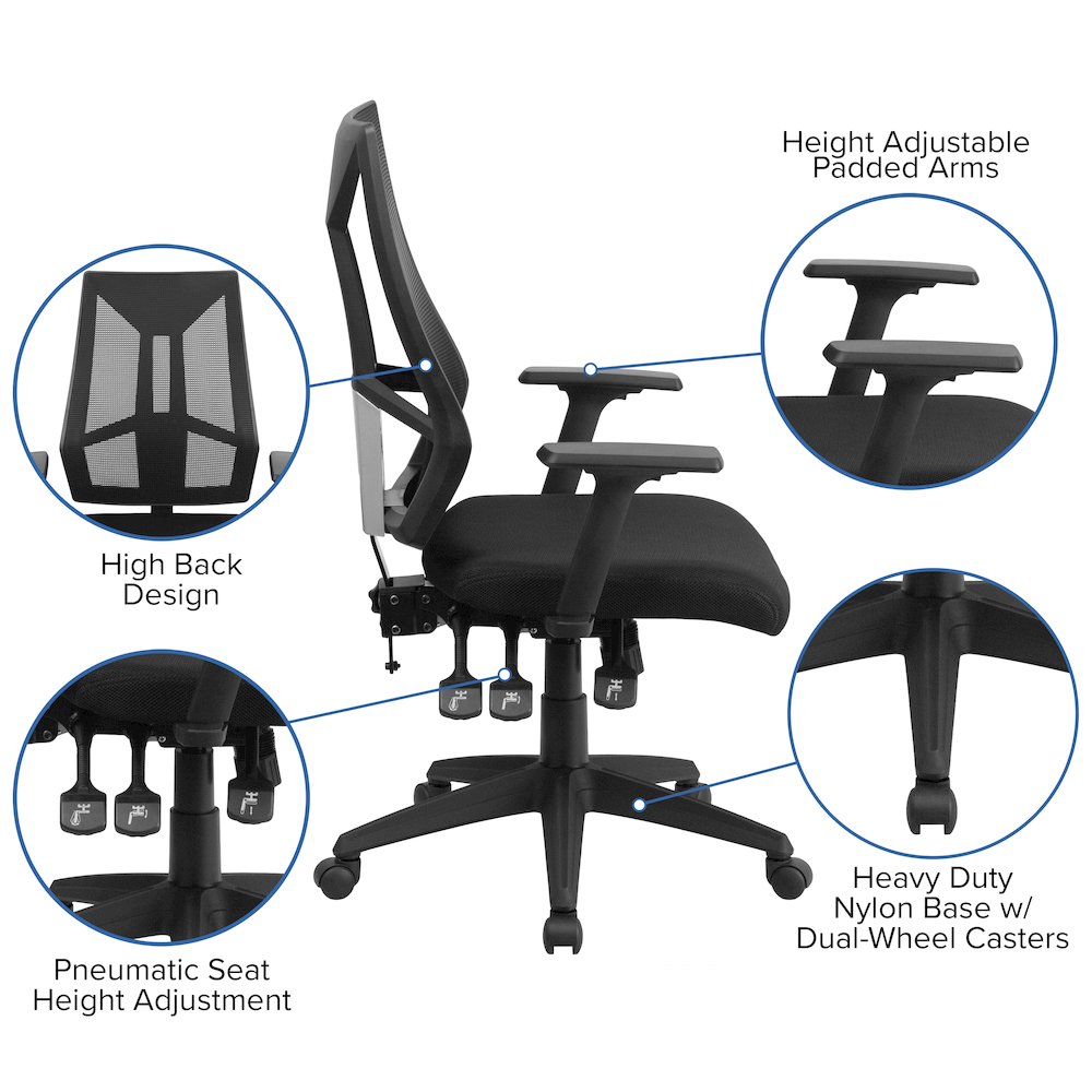 High Back Black Mesh Multifunction Swivel Task Office Chair with Adjustable Arms. Picture 5