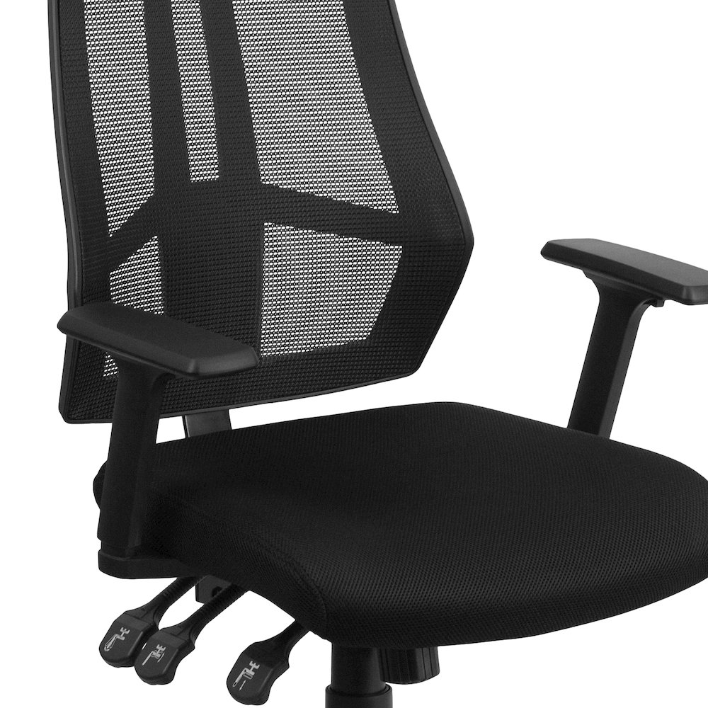High Back Black Mesh Multifunction Swivel Task Office Chair with Adjustable Arms. Picture 8