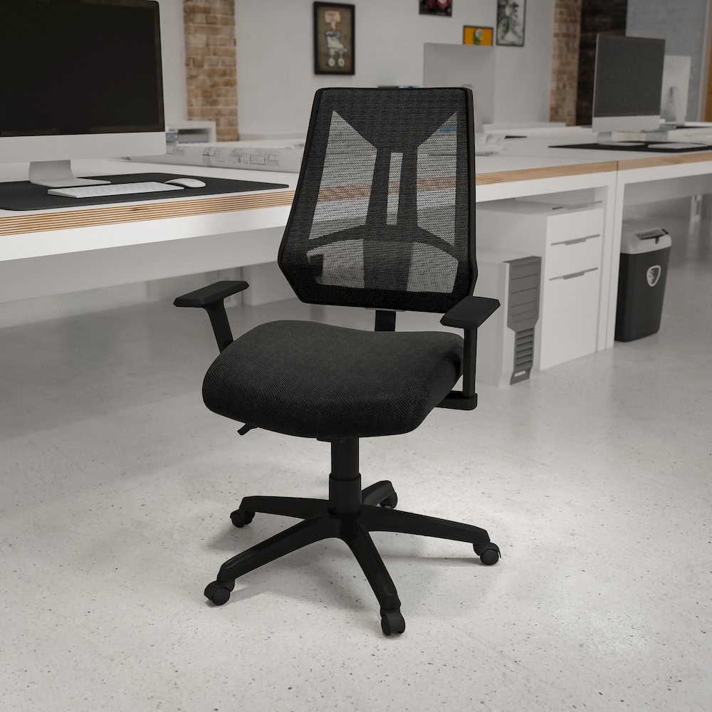 High Back Black Mesh Multifunction Swivel Task Office Chair with Adjustable Arms. Picture 2